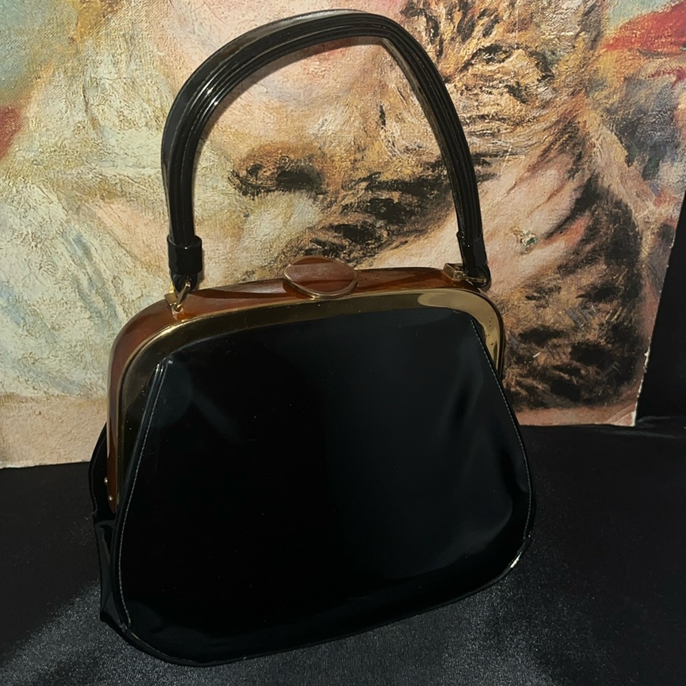 Vintage Lewis Patent Leather Purse Black Carmel Gold Tone  Closure Pin Up Goth